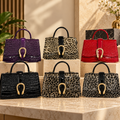Croc Embossed and Animal Print Structured Handbag with Statement Buckle