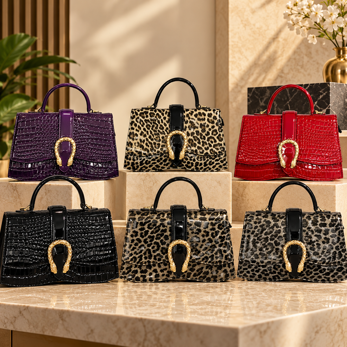 Croc Embossed and Animal Print Structured Handbag with Statement Buckle