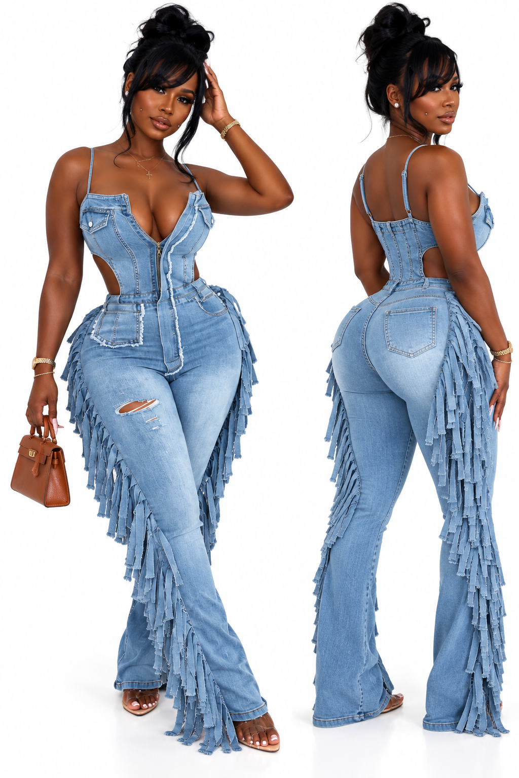 Denim After Dark Fringe Cutout Flare Jumpsuit