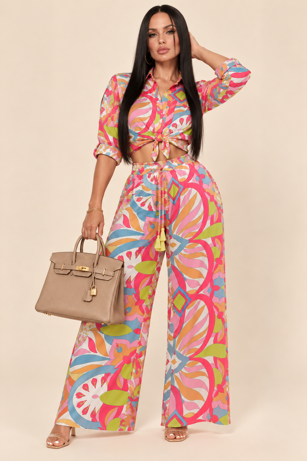 Paradise in Print Two-Piece Set – Tropical Button-Up Crop Top & Wide-Leg Pants