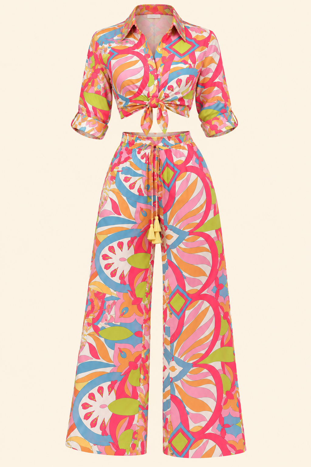 Paradise in Print Two-Piece Set – Tropical Button-Up Crop Top & Wide-Leg Pants