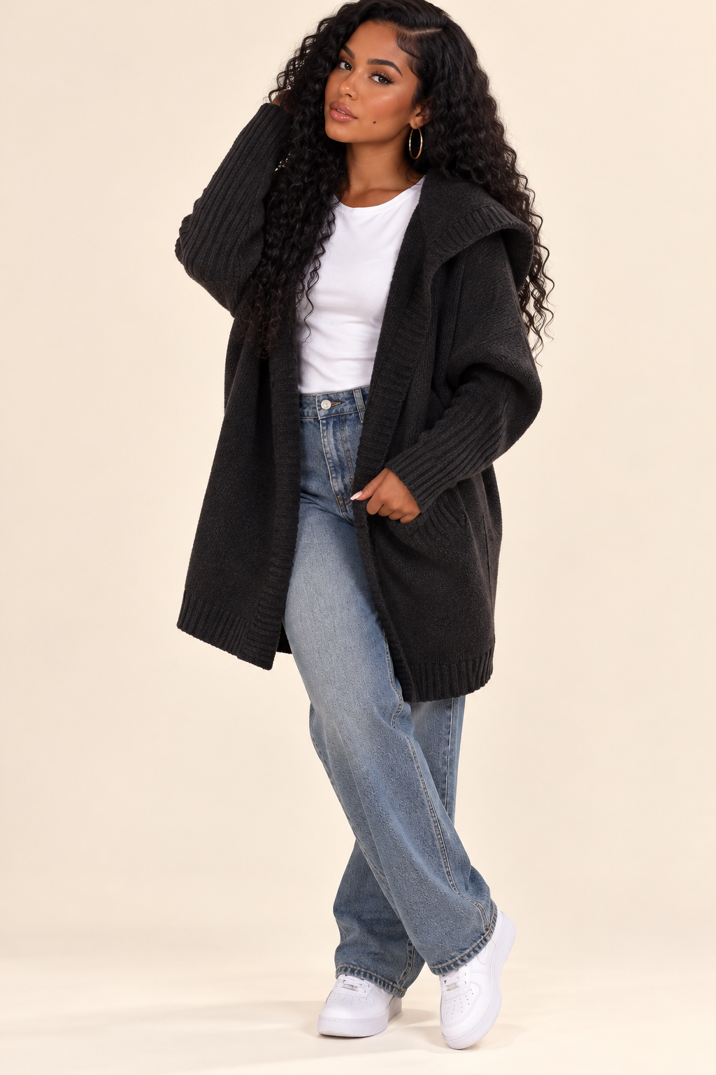 Cotton Blend Loose Knit Hoodie Sweater
