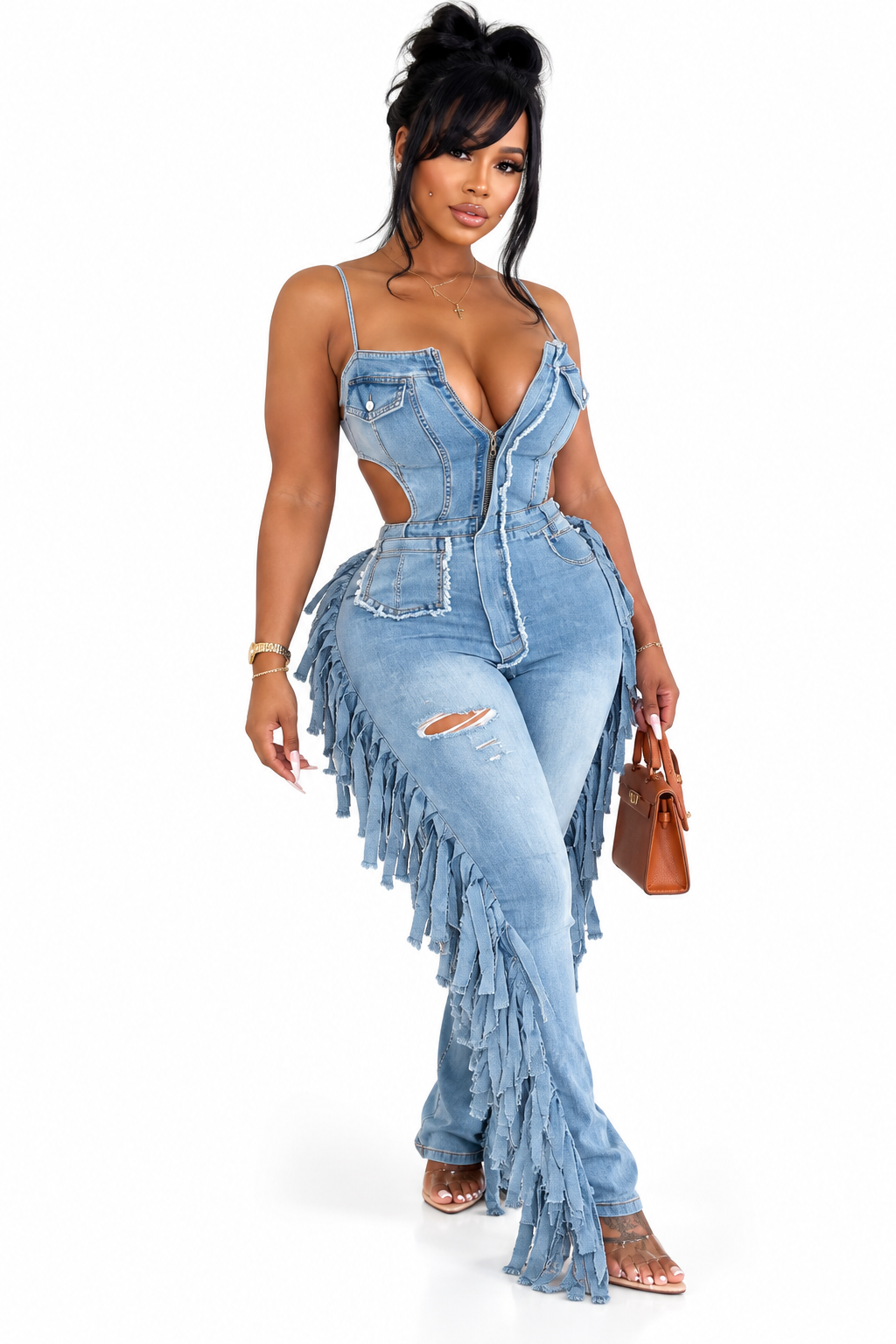 Denim After Dark Fringe Cutout Flare Jumpsuit