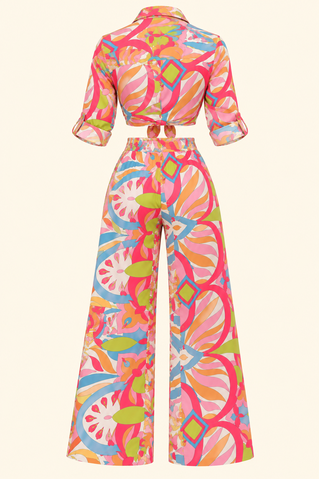 Paradise in Print Two-Piece Set – Tropical Button-Up Crop Top & Wide-Leg Pants